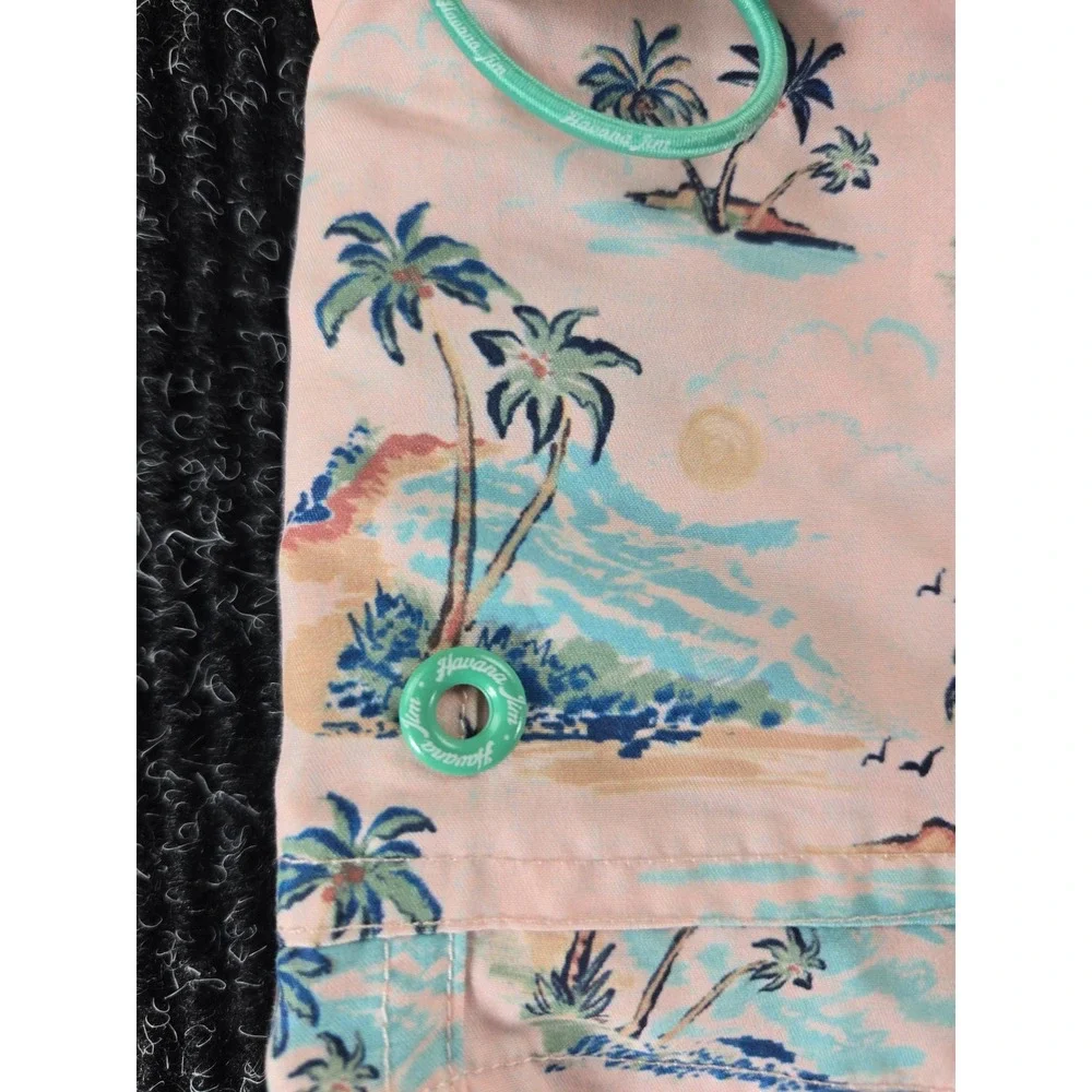Havana Jim Mens L Tropical Palm Tree Print Swim Trunks Peach Cargo Pocket Shorts